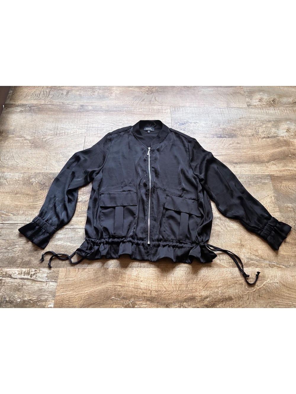 mod|x Black Medium Satin Bomber Jacket with Drawstring Waist and Pockets